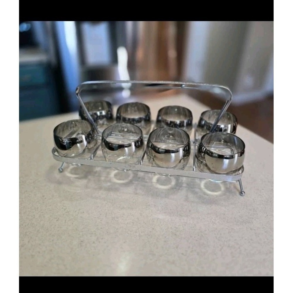 Vintage Rolly Polly Mirrored Tumbler Glass Drink or Juice  Set  w/Carrier